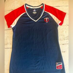 Minnesota Twins MLB Majestic Womens Size Large V Neck T Shirt Blue Red White